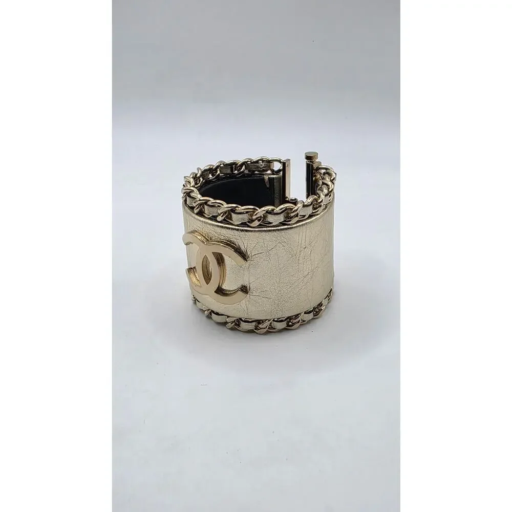 Chanel Gold-tone Leather Interlocking CC Wide Bracelet